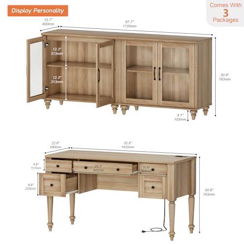 56-Inch Farmhouse Executive Desk and Glass Door Cabinet Office Set