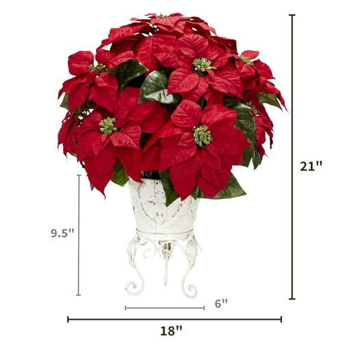 Nearly Natural 21-Inch Artificial Poinsettia Christmas Plant in Rustic Metal Planter