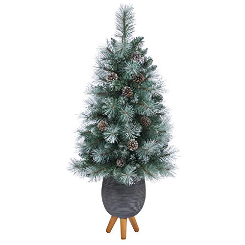 Frosted Tip Artificial Christmas Tree 3.5ft with Lights, Pine Cones & Bendable Branches