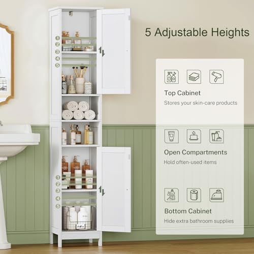 TEENFON 67-Inch White Bathroom Storage Cabinet with 2 Doors, Adjustable Shelves, Narrow Design