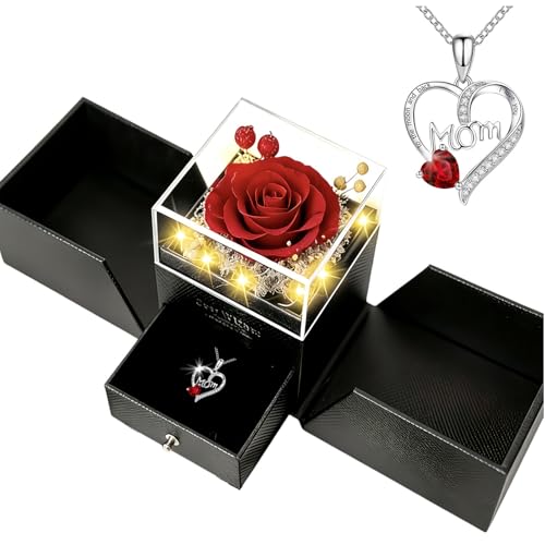 Red Preserved Real Rose with Heart Necklace - Mother's Day Gift Set