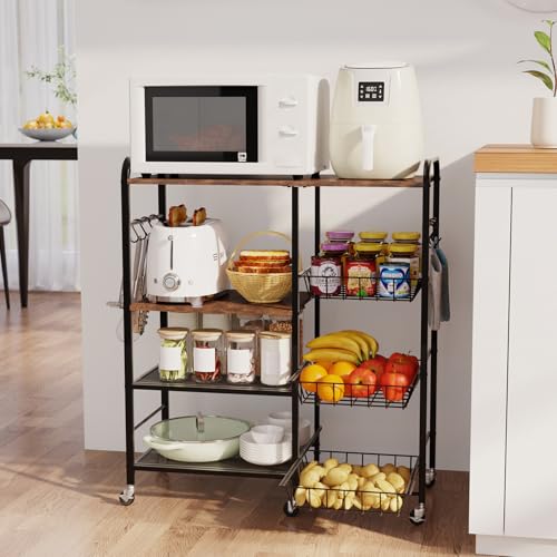 4-Tier Rolling Kitchen Microwave Cart with Pull-Out Baskets and Storage