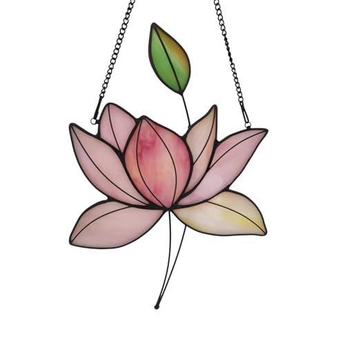 Handcrafted Pink Lotus Stained Glass Window Hanging Decor