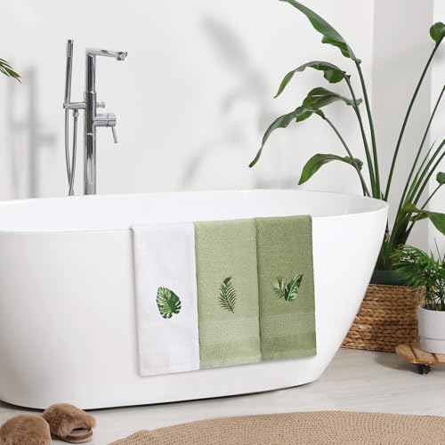 3-Piece Embroidered Cotton Hand Towel Set, Tropical Leaf Bathroom Decor