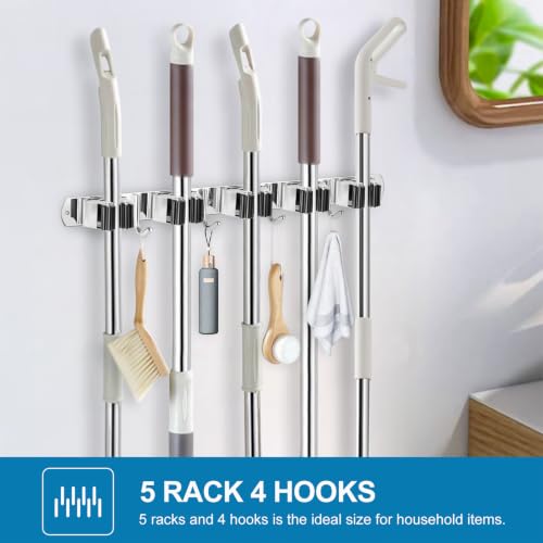 IMILLET 2 Pack Stainless Steel Wall Mount Broom & Mop Organizer with 4 Hooks, Heavy Duty Garage Storage