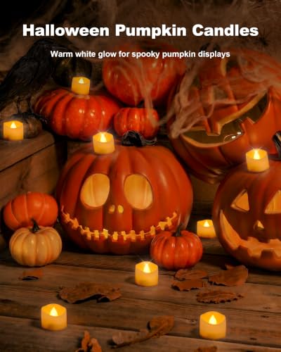 Homemory 48-Pack Amber Flickering Tealights with 200+ Hours Each – White Base, 240mAh CR2032 Batteries