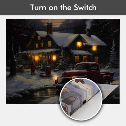 Nikky Home 16 x 12 LED Lighted Christmas Canvas Wall Art – Red Truck & Snow House