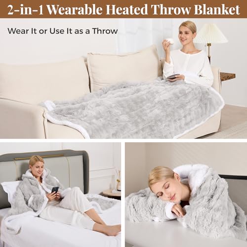 Wearable Heated Blanket Hoodie with Pockets, Faux Fur Electric Throw