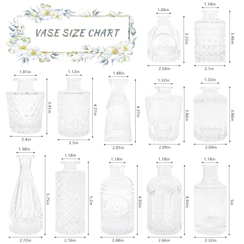 12-Piece Clear Glass Bud Vase Set - Vintage Mini Flower Vases for Centerpieces