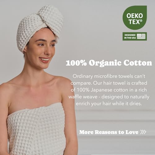KOSMU Organic Japanese Cotton Hair Towel Wrap Shell White for Women – Quick-Dry Head Turban, Extra Large for Long & Curly Hair