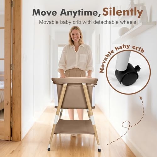 3-in-1 Portable Bedside Bassinet for Newborn with Storage & Wheels - Khaki