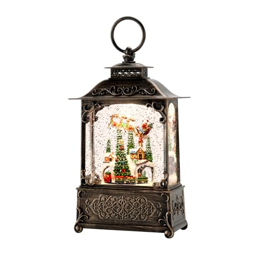 Christmas Snow Globe Lantern with Music & Lights - Flying Santa Scene, Giftable Holiday Decor