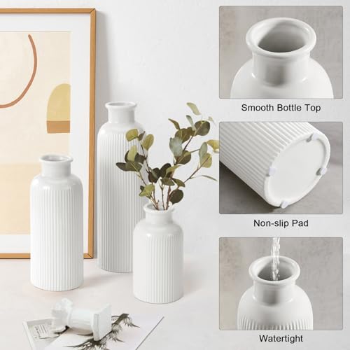 Small White Ceramic Vase Set of 3 - Modern Boho Farmhouse Home Decor
