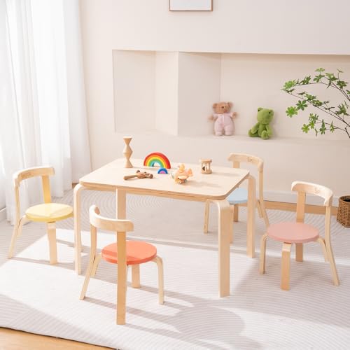 Kids Wooden Table and 4 Chairs Set - Natural & Pastels, Toddler Furniture for Playroom & Home