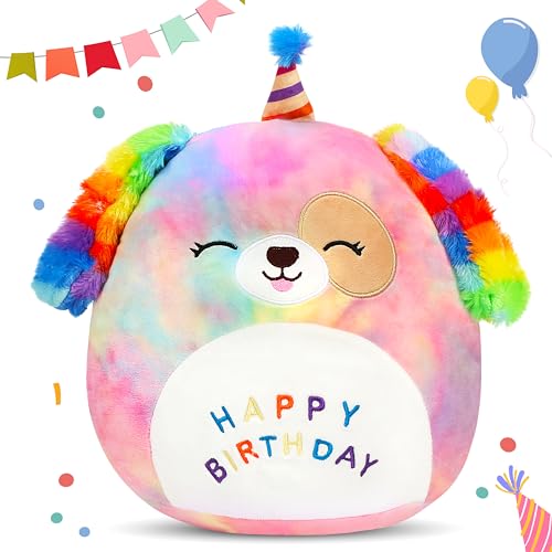 12-Inch Rainbow Birthday Dog Plush Pillow Stuffed Animal Toy