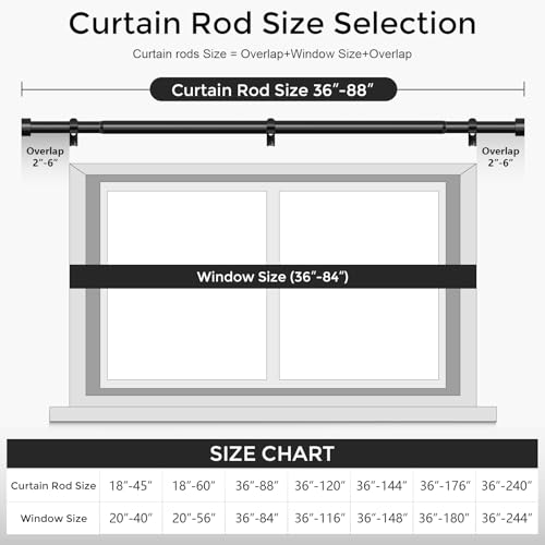 Black Adjustable Curtain Rod - 1 Inch Heavy Duty Drapery Rod (36-88 In)