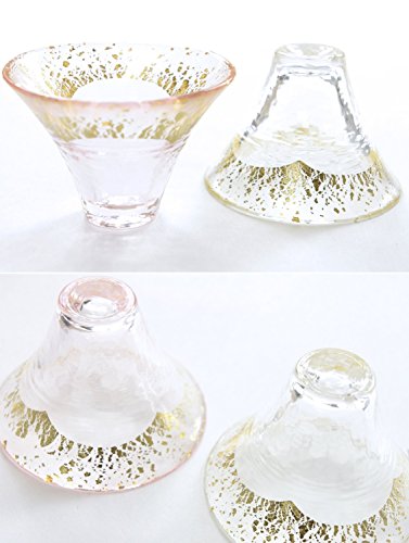 Japanese Sake Glass Set with Mt. Fuji & Gold Cherry Blossom - Pink & Clear, 2 Pack