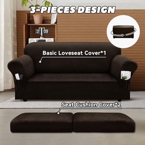 Loveseat Slipcover Set, Non-Slip Stretch Faux Leather, Dark Brown, Fits 58-66"