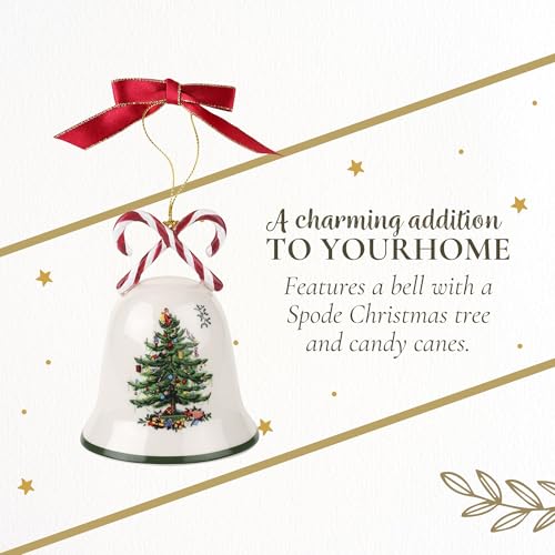 Earthenware Christmas Candy Cane Bell Ornament with Red Ribbon, 3.5 Inch