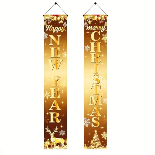 Merry Christmas & Happy New Year Porch Banner Set 12x71 Inch Gold Snowflakes Reindeer Holiday Home Decor