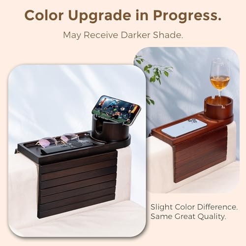 Foldable Bamboo Couch Arm Tray with 360° Rotating Cup Holder & Phone Stand