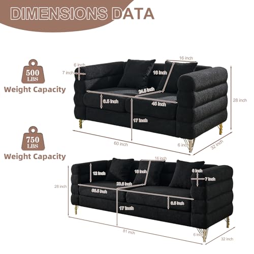 2-Piece Teddy Bouclé Cloud Sofa Set with Gold Legs - 3-Seater & Loveseat