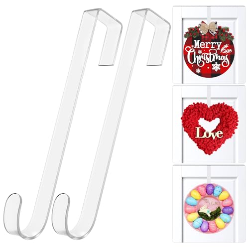 12-Inch Clear Over the Door Wreath Hangers (2 Pack) - Non-Scratch Door Hooks