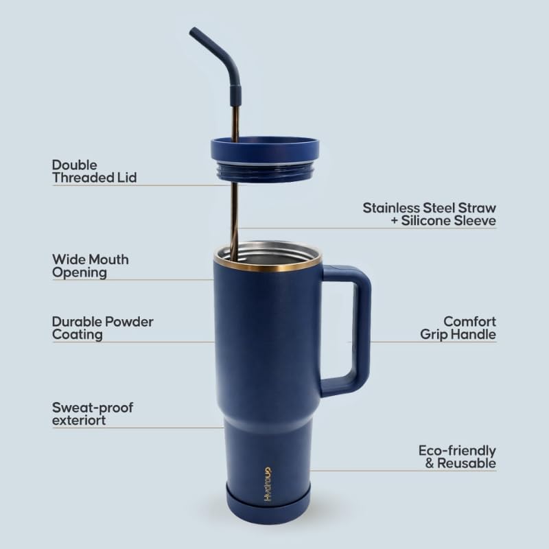 Skiennix 40oz Travel Tumbler Cup - Vacuum Insulated Water Bottle with Handle & Slider Lid | Blue Gold