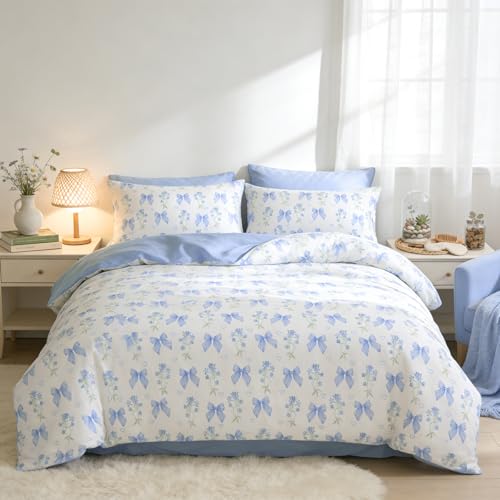 Full Size Cotton Duvet Cover Set - Blue Floral Bowknot Bedding