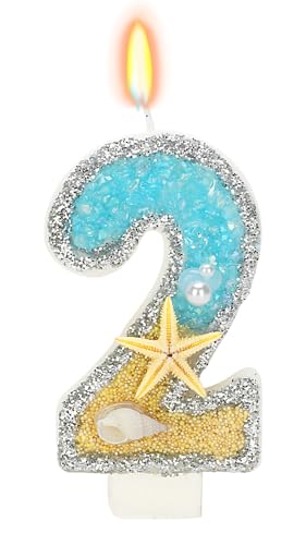 Number 2 Birthday Candle with Beach Starfish Sequins, 3-Inch Cake Topper