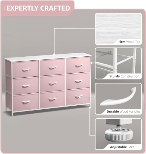 9-Drawer Fabric Dresser with Wood Top, Pink Storage Chest for Bedroom Nursery