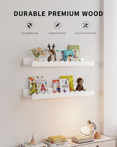 White Floating Nursery Book Shelves - 4-Pack Scalloped Wall Shelves