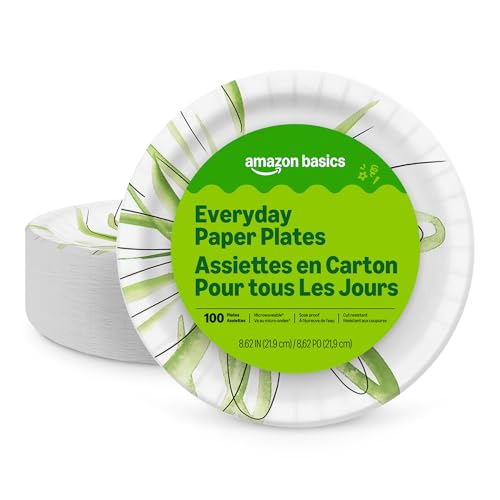 Amazon Basics Disposable Paper Plates 8.62 Inch 100 Count Microwave Safe