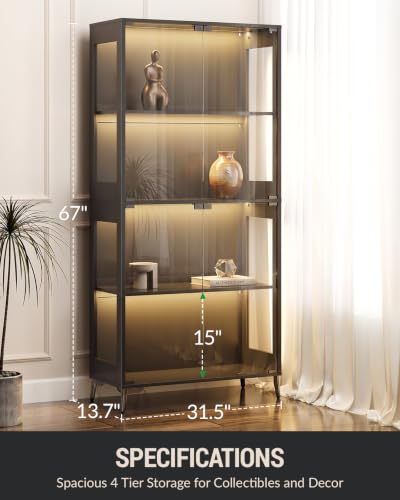 Zephome Black & Glass Double Door Display Cabinet with RGB LED Lights & Adjustable Shelves