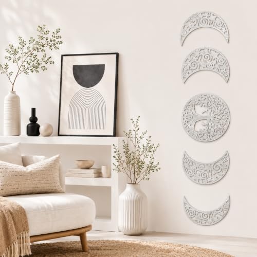 5-Piece Moon Phase Wall Art Set, 3D Hollow Carved Wooden Botanical Decor