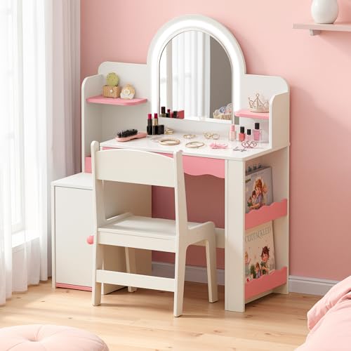 Kids Vanity Table and Chair Set with LED Mirror and Storage, Pink and White