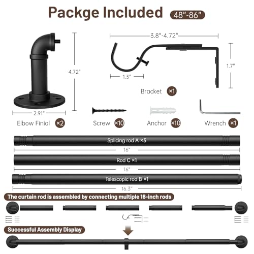 1-Inch Industrial Wrap Around Curtain Rod, Heavy Duty Adjustable 48"-86"