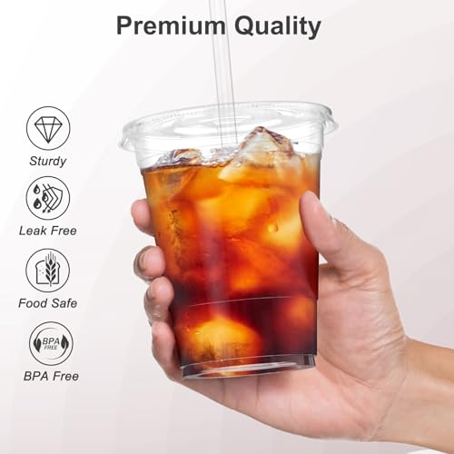 16 oz Clear Plastic Cups with Lids & Straws (100 Pack) - Iced Coffee Cups