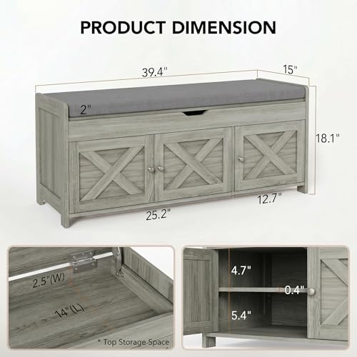 39-Inch Shoe Storage Bench with Cushioned Seat and Hidden Cabinet