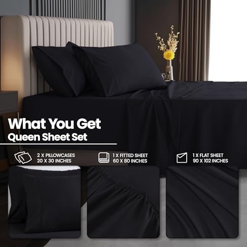 Utopia Bedding Deep Pocket Queen Sheet Set ? Fits Mattresses Up to 21 inches ? Cooling, Soft & Breathable ? Oeko-TEX 4 Piece Bed Sheets (Black)
