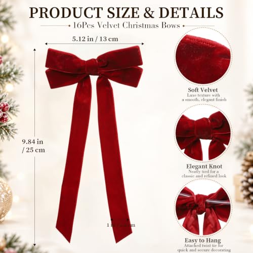 Wironlst Burgundy Velvet Christmas Bows 16-Pack for Tree & Holiday Decor