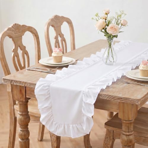 MoKoHouse 14x118 Inch White Ruffled Table Runner Set - 3 Pieces, Farmhouse Decor