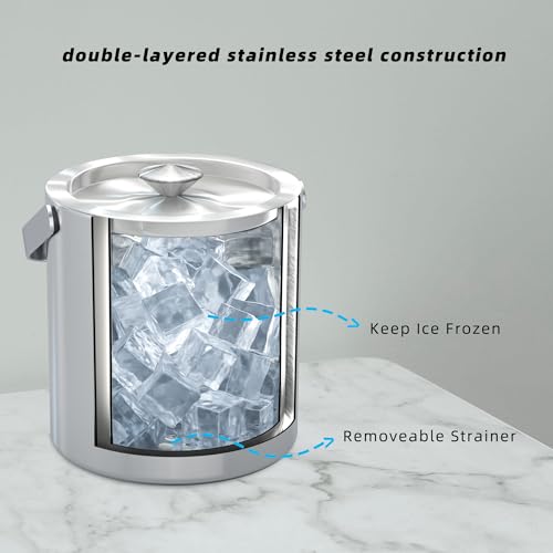 Olmaanseta Mini Double Walled Stainless Steel Ice Bucket with Lid & Tongs 1.3L for Parties & Home Bar