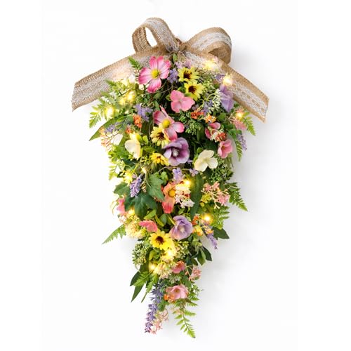 Artificial Floral Teardrop Swag with LED Lights for Front Door Decor