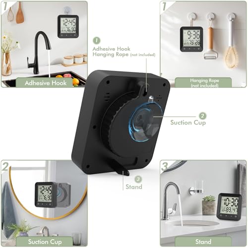 Waterproof Digital Shower Clock with Timer, Temperature, and Suction Cup