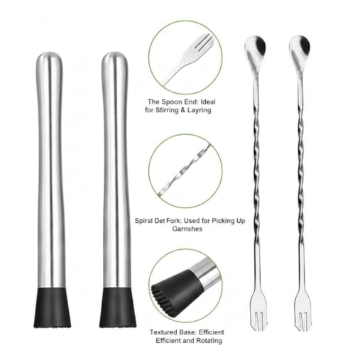 Melunira 10-Inch Silver Cocktail Muddler Set with 2 Spoons - Barware