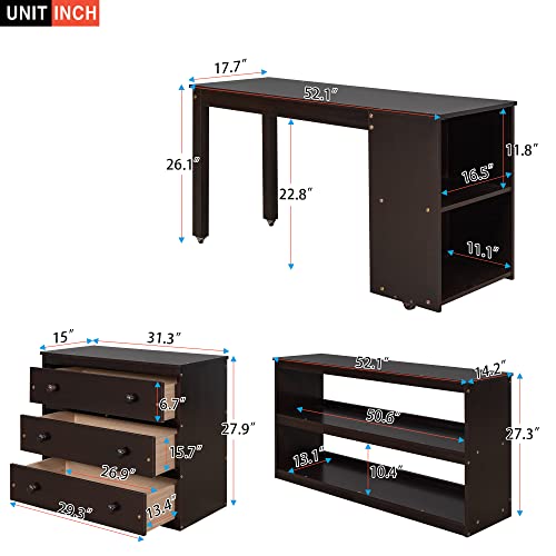 Full Size Wood Loft Bed with Rolling Desk, Bookshelf, and Storage Drawers