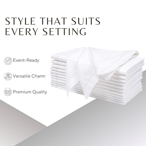 Set of 12 Linen Blend Cloth Napkins - 20x20 Inch White Hemstitched Dinner Napkins
