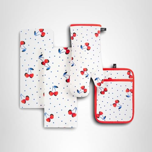 Kate Spade New York Cherry Dot Kitchen Towel, Oven Mitt & Pot Holder 4-Pack Set, 17" x 28", 7" x 13", 7" x 10", White/Red/Blue