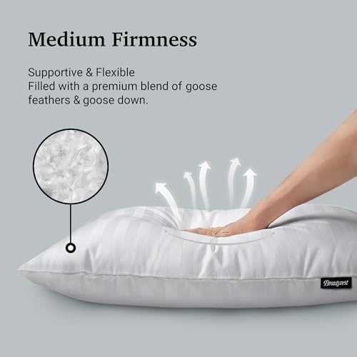 Beautyrest Luxury Goose Feathers Down Pillows Queen Size Set of 2, Hotel Collection Fluffy Bed Pillows, Medium Firm Hypoallergenic Pillow, 500 Thread US Grown Cotton Cover (20x28, Pack of 2)
